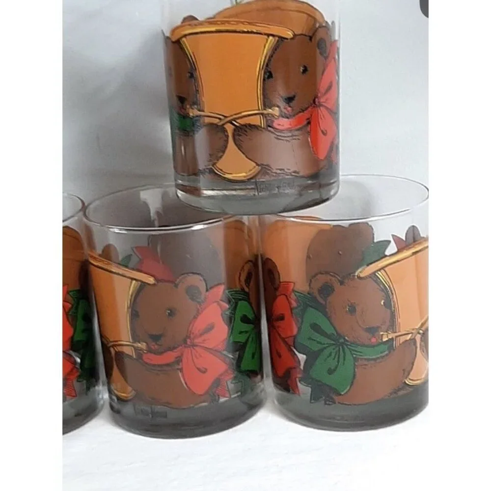 Vintage Neiman Marcus Christmas Holiday Teddy Bear Glasses Set of 6